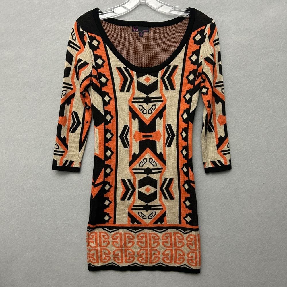 t/o Women XS Sweater Dress Orange Boho Aztec Bodycon Geometric Knit Tunic
